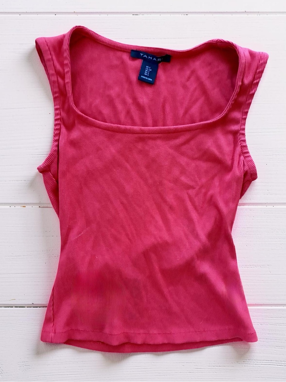 Tahari Red Ribbed Square-Neck Tank Top